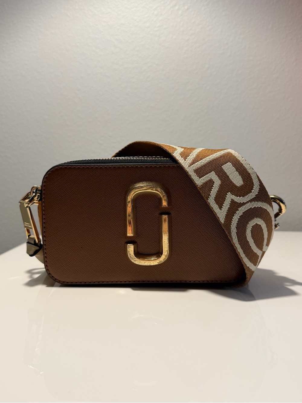 Marc Jacobs Brown Leather Snapshot Crossbody with Branded Beige Strap